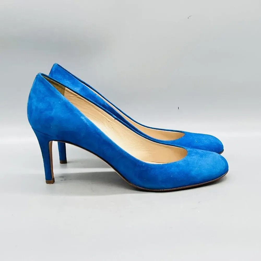 J Crew Shoes Womens 8.5 Blue Suede Round Toe Stiletto Heel Pumps Made Italy